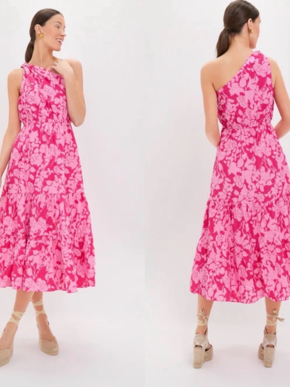 Tuckernuck One-Shoulder Hot Pink Floral Sybil Midi Dress (Hyacinth House)